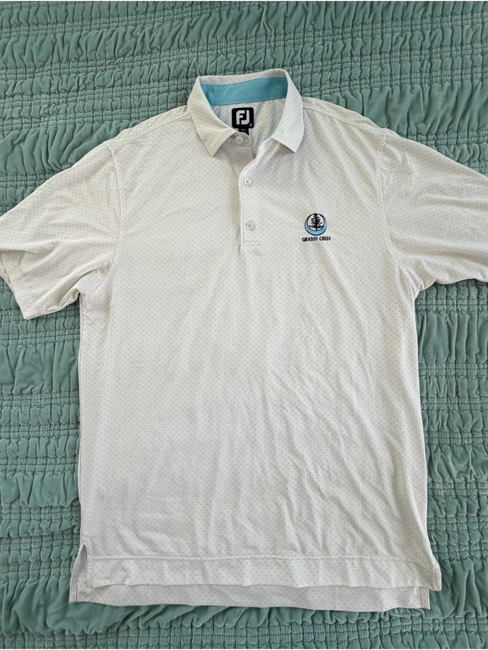 FootJoy White Polo with Light Blue Collar and Grassy Creek Golf and Country Club